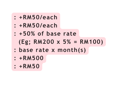 RM50 each RM50 each 50 of base rate Eg RM200 x 5 RM100 base rate x month s RM500 RM50