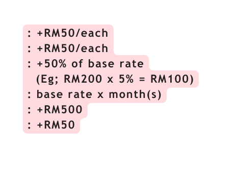 RM50 each RM50 each 50 of base rate Eg RM200 x 5 RM100 base rate x month s RM500 RM50